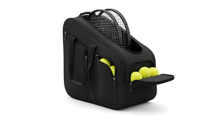 Fototapeta premium Black Tennis Racket Bag with Yellow Tennis Balls and Rackets, Isolated on White Background for Sports Equipment and Gear