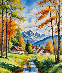 Mountain landscape in oil paint. Pattern for printing on wall decorations, covers, wallpapers