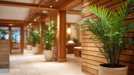 A tranquil spa interior featuring wooden architecture and potted plants, creating a calming atmosphere for relaxation and wellness.