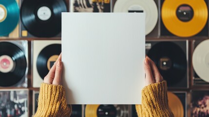 Hands holding blank white square in front of diverse collection of vinyl records