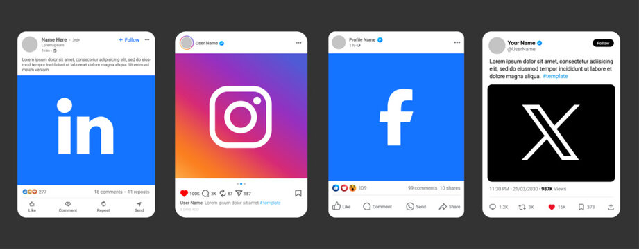 LinkedIn, Instagram, Facebook, and X Twitter social media post interface vector template mockup with profile, like, comment, and share button feed layout design for mobile application UI illustration