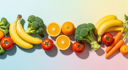 Fresh fruits and vegetables arranged on colorful background for healthy eating