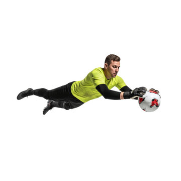Generative AI image of pro male soccer goalkeeper jumping for dramatic save to catch a ball midair