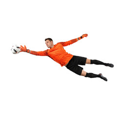 Generative AI image of pro male soccer goalkeeper jumping for dramatic save to catch a ball midair