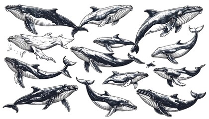 Whale drawings in various positions