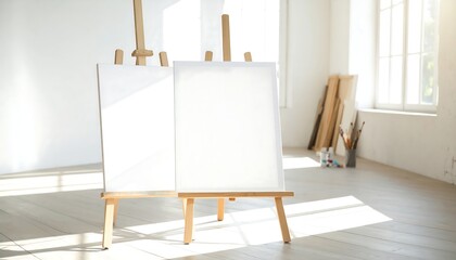 Two empty canvases on easels in a sunlit art studio, ready for creativity to begin