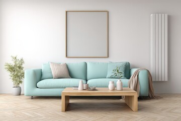 Modern Teal Sofa With Wooden Coffee Table In Empty Room