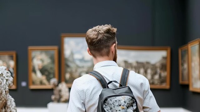 Thoughtful Person with Backpack Observing Paintings in Art Gallery, Engaged in Contemplative Atmosphere Surrounded by Artworks and Sculptures