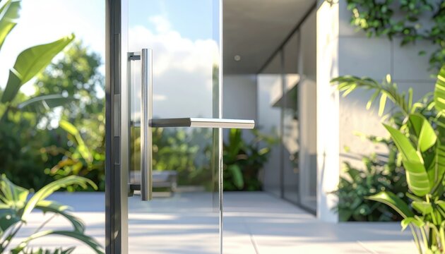 Polished modern glass door with a sleek stainless steel handle offers a glimpse into an outdoor space, showcasing lush greenery, sunlight, and blurred natural backgrounds suggesting a welcoming,...