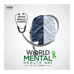 World Mental Health day, concept design with abstract human head profile and Green ribbon design Vector Illustration