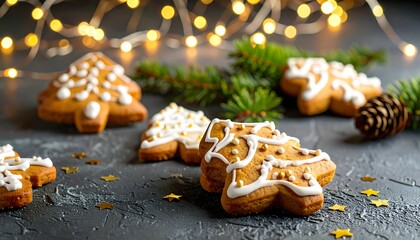 Christmas cookies decorated with icing, festive lights