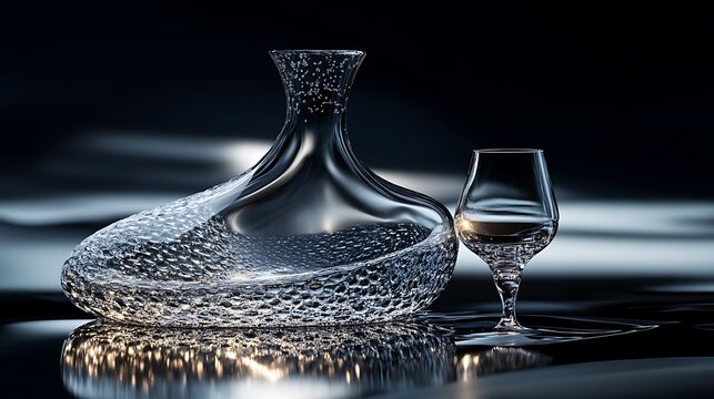 Elegant still life with crystal decanter and glass on a reflective surface