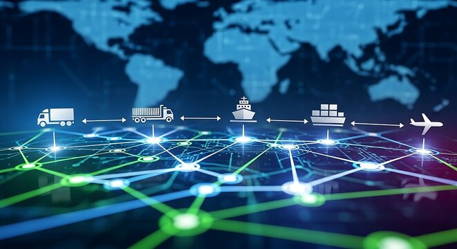 Global Logistics Network and Supply Chain Management with Connected Transportation Icons on World Map Background