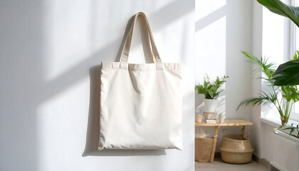 A clean, neutral-colored tote bag hangs against a white wall, casting a shadow from natural light, suggesting sustainable shopping or storage solutions