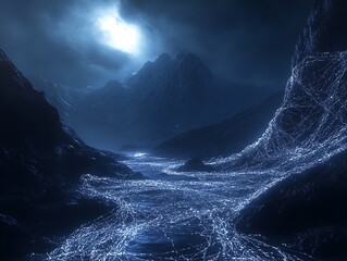 Eerie mountain landscape illuminated by moonlight, enhanced by complex networks