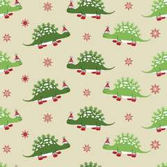 Seamless pattern featuring cute green stegosaurus dinosaurs wearing Santa hats and red boots with red snowflakes holiday design