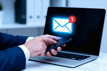 Man Hands Using Smartphone Checking New Email Notification on Laptop Screen