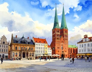 Fototapeta premium Watercolor European town square with church