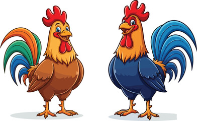 Cartoon roosters illustration, colorful farm birds, cheerful poultry characters, children’s drawing style, expressive animals, vibrant feathers, fun chicken artwork, white background