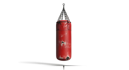 Red worn punching bag hanging by chains, ready for intense boxing training and fitness workouts.