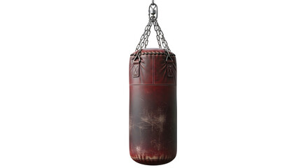 Vintage leather boxing bag hanging from chain, perfect for fitness, training, and achieving workout goals with grit