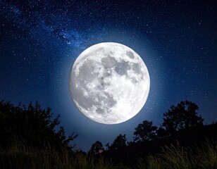 Majestic Full Moon Glowing Brightly Over Dark Silhouetted Trees Under a Starry Night Sky Creates Serene Scene