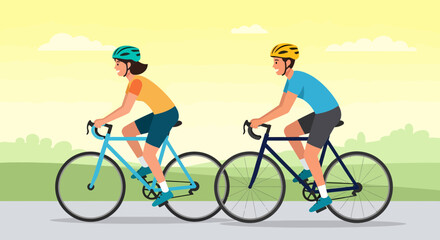 Fototapeta premium Couple Enjoying Leisurely Bicycle Ride Outdoor On Sunny Day