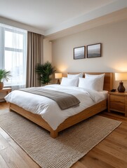 A serene bedroom featuring a wooden bed, soft linens, and plants. Ideal for relaxation and comfort in a contemporary setting.