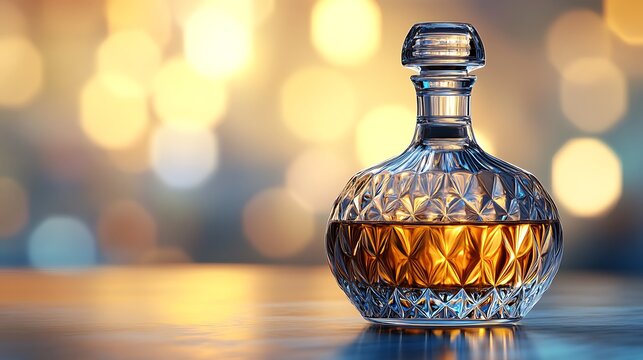 Elegantly crafted crystal decanter filled with amber liquid, illuminated by soft bokeh - Powered by Adobe