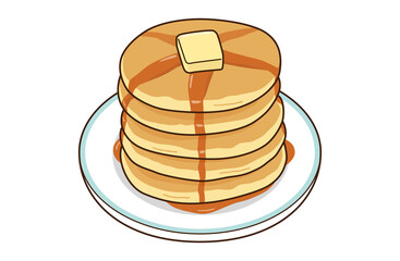 お皿に乗ったバターとシロップがかかった5枚のパンケーキのイラスト