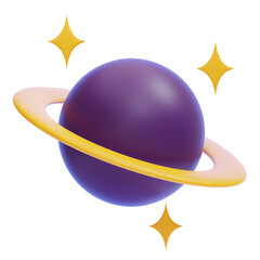 PNG 3D Purple Saturn Planet with Golden Rings and Stars Illustration Isolated on a White Background © sonisokell
