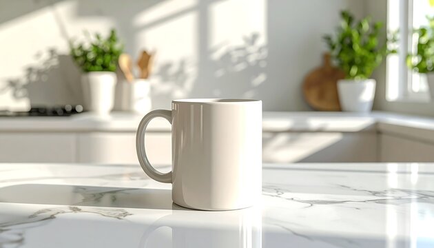 A clean white mug sits on a marble countertop, bathed in bright sunlight streaming through a window, with blurred green plants in the background