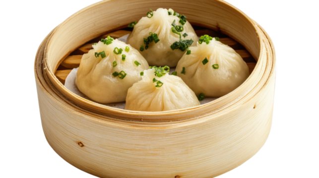 Steamed dumplings in bamboo steamer isolated on a transparent background 6