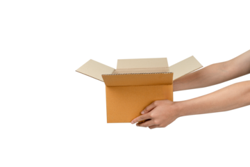 This is a photograph of an open, empty light-brown cardboard box being held by two hands  against a clean, isolated white background. The image clearly communicates delivery, receiving, giving, or unb
