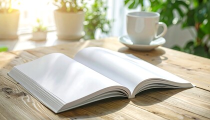 Fototapeta premium Open blank book on wooden table with coffee cup and plants in soft sunlight
