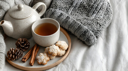 Cozy winter flat lay with a ceramic teapot and cup of hot tea, served with snowflake cookies, cinnamon sticks, and pinecones on a soft knitted scarf. perfect for seasonal design, holiday mood.