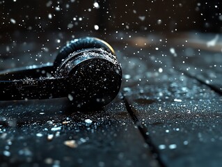 Headphones resting on a wooden surface during a snowfall, winter mood