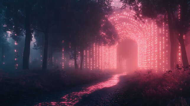 Digital forest: A mesmerizing scene of glowing binary code amidst ethereal trees