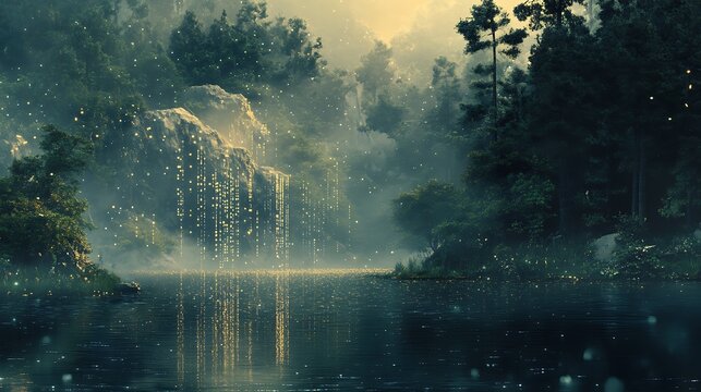 Enchanted landscape featuring a waterfall cascade and firefly sparkles reflection