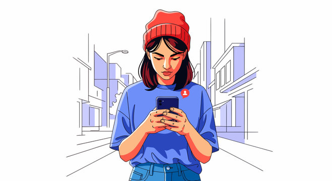 Young Woman Engaged With Smartphone In Urban Environment Illustration