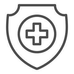 Emblem and medical cross line icon, protection shield concept. Vector graphics. Badge of medicine sign on white background, outline style icon for mobile or web design.