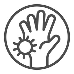 Obraz premium Dirty hand and bacteria line icon, hygiene danger concept. Vector graphics. Bacteria on palm sign on white background, outline style icon for mobile or web design.