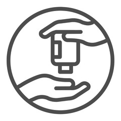 Two hands and sanitizer line icon, hand washing concept. Vector graphics. Bottle of sanitizer sign on white background, outline style icon for mobile or web design.