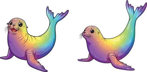 Cartoon seal illustration, rainbow body, colorful marine animal, vibrant design, children’s theme, expressive eyes, digital art, playful creature, fantasy seal, whimsical style
