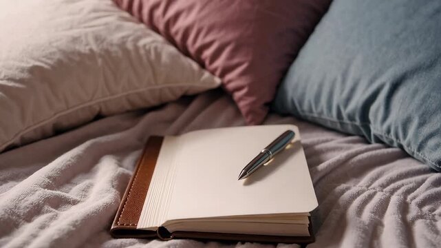 Cozy bedroom writing scene with open notebook and pen on soft pillows