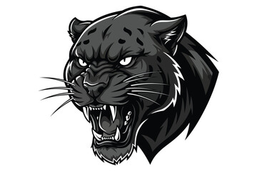 Obraz premium Vector art of a fierce black panther head roars, showcasing its sharp teeth and intense gaze, a powerful symbol of strength and agility in monochrome