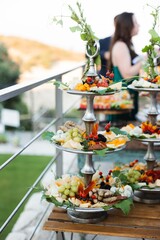 Tiered charcuterie display with cheese and fruit at outdoor event
