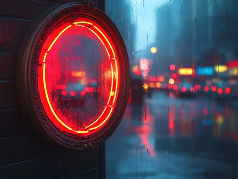 Illuminated retro red neon sign in rainy city, creating a reflective glow - Powered by Adobe
