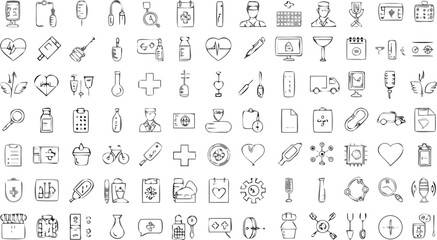 Collection of medical icons and symbols including heart, doctor, pill, cross, and medical equipment sketch
