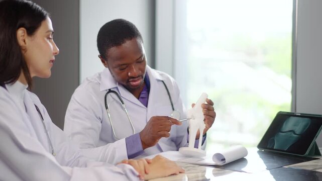 In a hospital, male and female medics discuss human skeleton anatomy. They use a tablet and a model bone to explain the structure of bones and joints, sharing knowledge with enthusiasm.